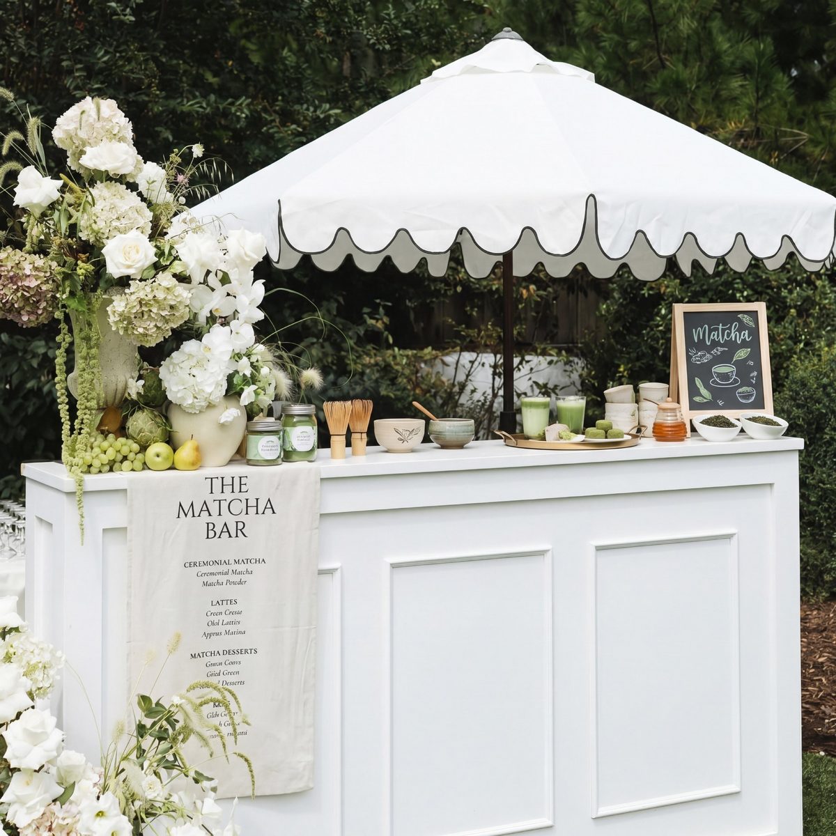 The Matcha House — ceremonial matcha bar set-up with florals